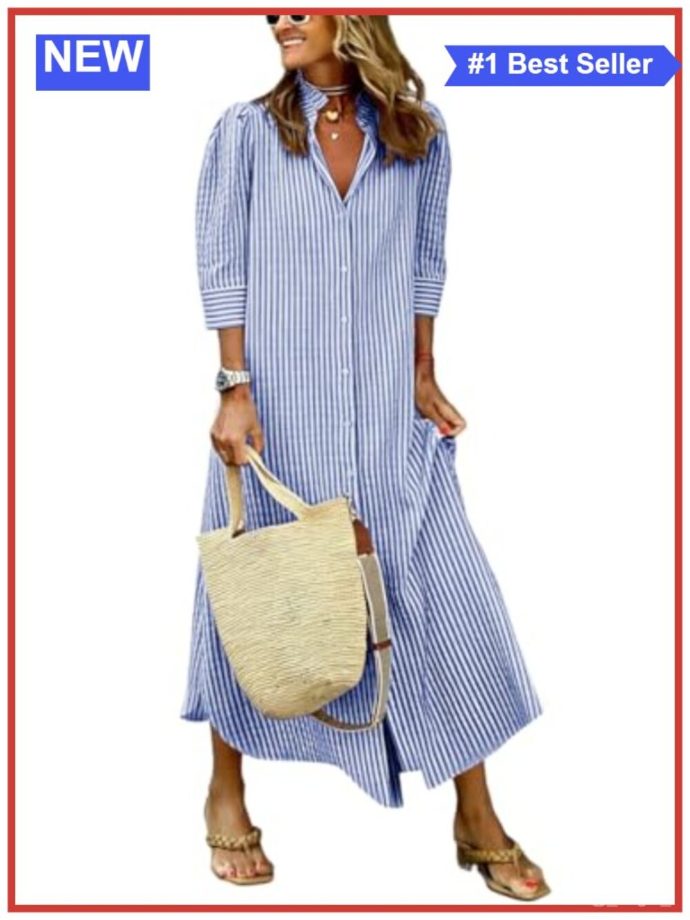 100% Cotton Striped Maxi Shirt Dress 3/4 Sleeve Button Down Boho Beach
